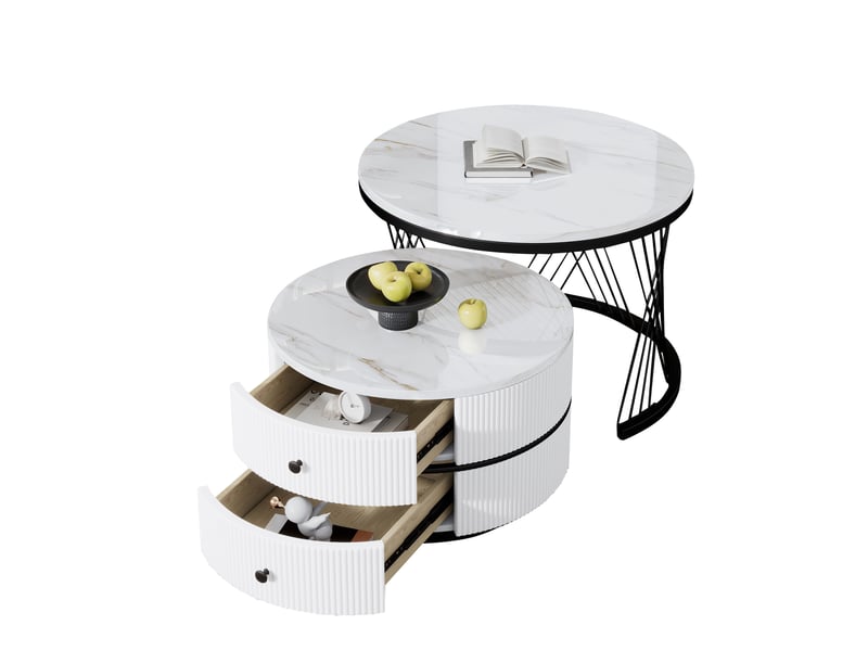  Lot de 2 tables basses gigognes rondes avec 2 tiroirs, effet marbre brillant, blanc  - Conforama A