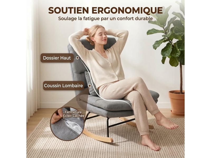  Fauteuil à bascule gris clair avec dossier haut 74 cm et assise large 72 cm, revêtement aspect lin  - Conforama R