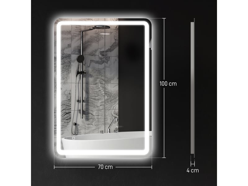  Miroir de salle de bain avec éclairage led 70 x 100 cm, 3 couleurs de lumière, luminosité réglable, fonction antibuée, fonction mémoire, ip44  - Conforama E