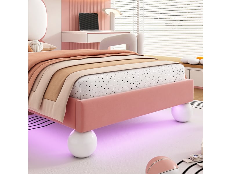  Lit enfant 90x200 cm en velours beige et rose avec led réglable  - Conforama R