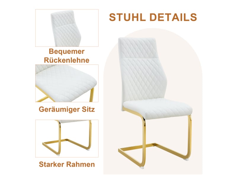  Table ronde en verre ø85 cm, pieds dorés – ensemble luxueux et léger avec 2 chaises modernes blanches et dorées  - Conforama E