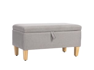 Banc de rangement gris clair 71 cm avec coffre, aspect lin et pieds en bois d'hévéa