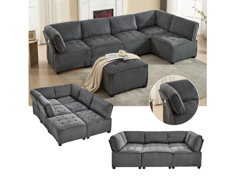  Canapé modulable modenvie 6 places en velours côtelé gris 308 x 154 x 81,99 cm  - Conforama D