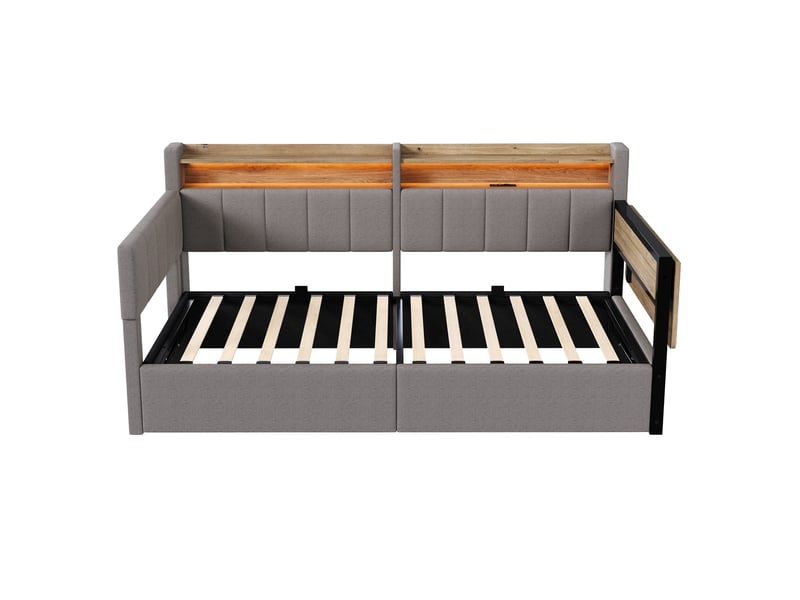  Lit de repos capitonné 90x200cm avec led,usb,rangement hydraulique,tablette rabattable,tables de chevet,velours,sans matelas,gris  - Conforama W