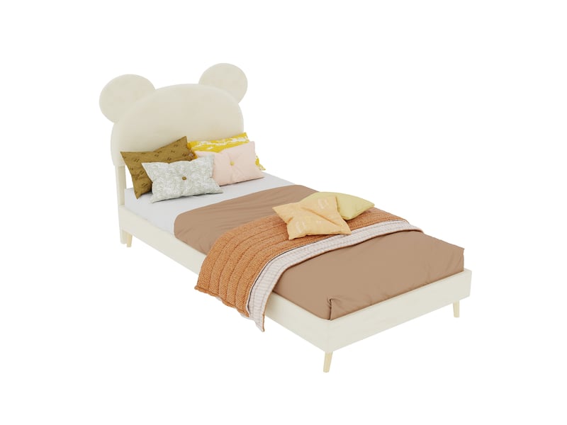 Lit enfant 90x200 cm avec tête de lit à motifs cartoon, lit simple avec sommier à lattes, lit simple rembourré, beige  - Conforama E