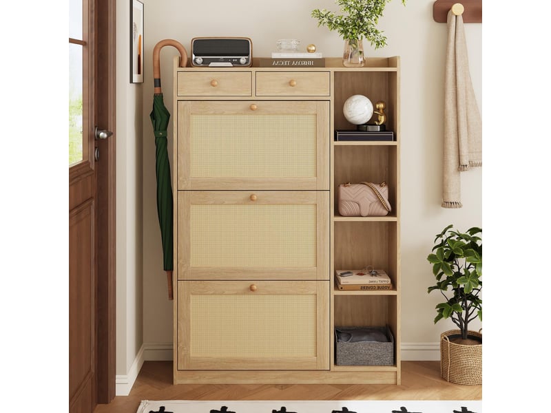  Meuble à chaussures - 90x24x130cm - meuble d'entrée 3 portes abattantes, 2 tiroirs, cannage rotin - bois  - Conforama B