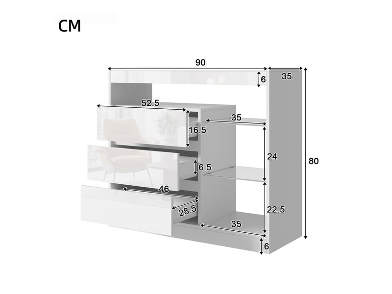 Commode 3 tiroirs, avec tablettes en verre et éclairage led, finition laquée brillante, pour salon et chambre, 90 x 35 x 80 cm, blanc  - Conforama C