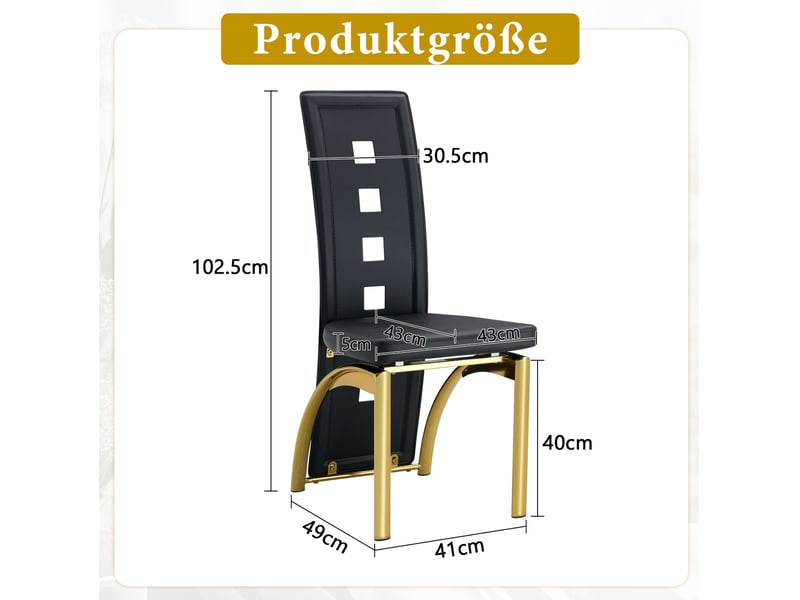  Lot de 4 chaises de salle à manger noires et dorées en cuir régénéré, dossier ajouré et pieds métal  - Conforama C