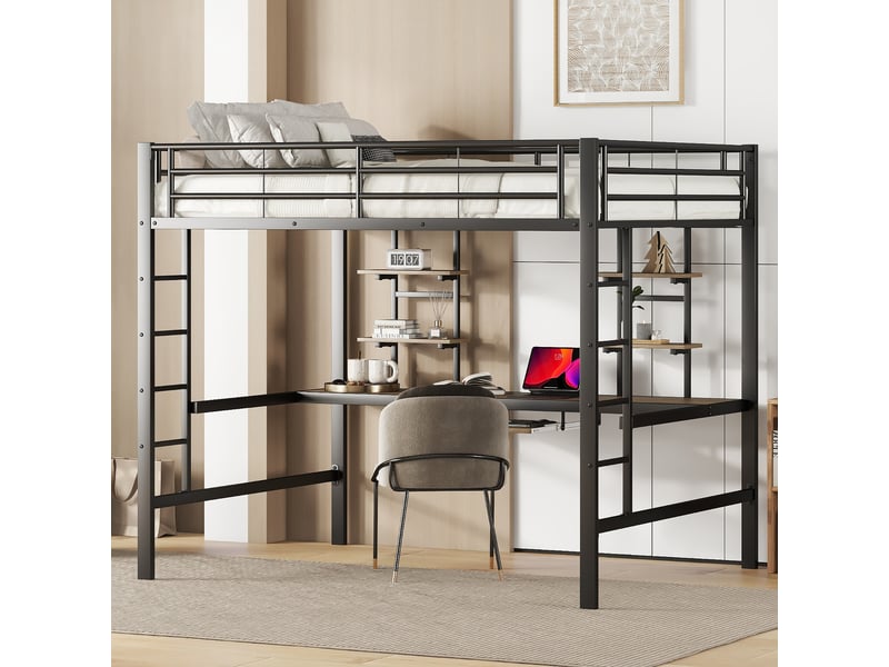 Lit mezzanine double 140×200 cm, bureau, 2 étagères et échelle - sans matelas, métal noir - Conforama C