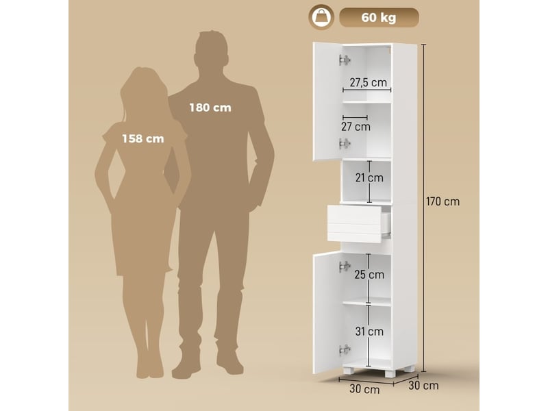  Colonne de salle de bains étroite 30 x 30 x 170 cm avec rangement homvra  - Conforama D