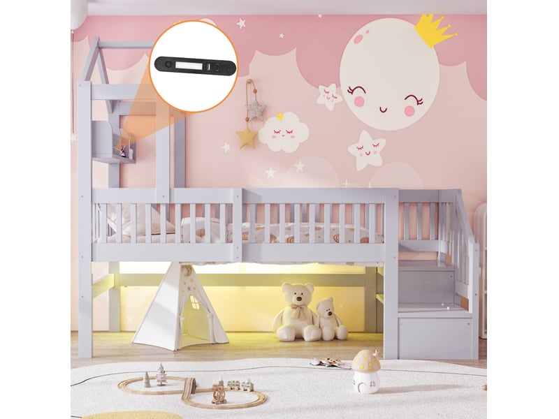 Lit mezzanine enfant 90x200 cm, toit, rangements, garde-corps, led, usb, pin, contreplaqué et mdf, gris sans matelas - Conforama E
