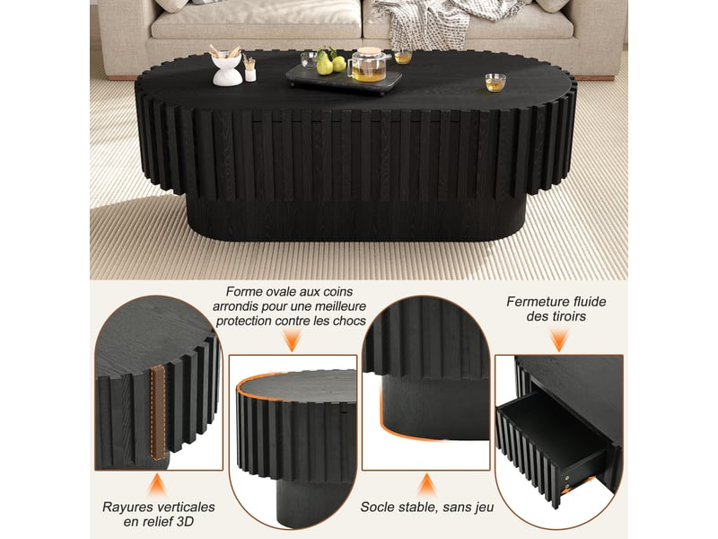  Table basse ovale 100x50x35,5 cm avec 1 tiroir, rangement caché, décor lamelles, table de salon, noir  - Conforama E