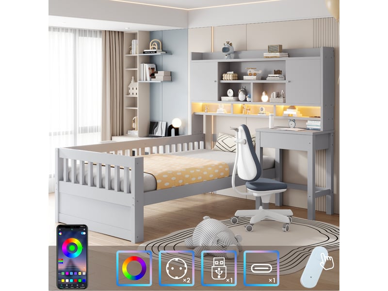 Lit enfant multifonction 90x200 cm en bois avec bureau, rangements, tiroirs, led, prise électrique et barrières de sécurité gris - Conforama E