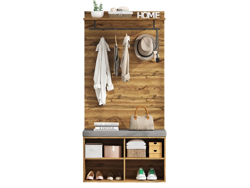  Meuble d'entrée avec banc à chaussures rembourré, penderie, étagères réglables et 2 patères, effet chêne, 84 × 35 × 175 cm  - Conforama A