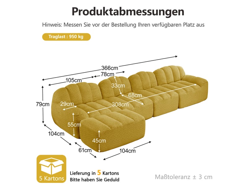 Canapé modulaire 4 places avec pouf en tissu bouclette jaune - Conforama E