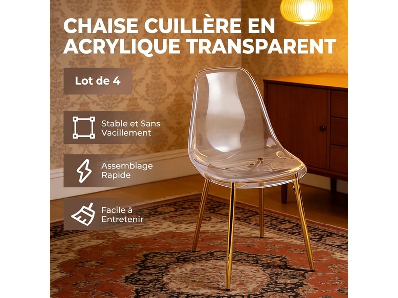  Lot de 4 chaises transparentes acrylique pieds dorés 45x47x81cm  - Conforama C