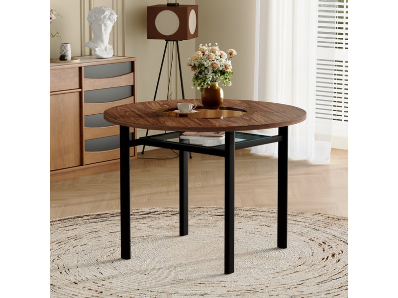 Table de salle à manger ronde 4 à 6 personnes avec verre et étagère, diamètre 100 cm brun noir - Conforama C