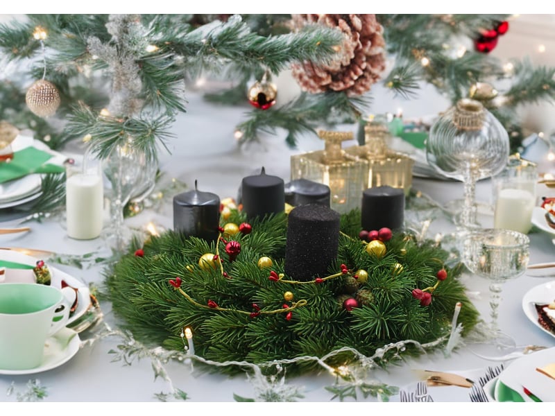  Lot de 4 bougies piliers, pour couronne de l'avent, bougies de table, noires, paillettes noires, 5 x 5 x 7 cm.  - Conforama D