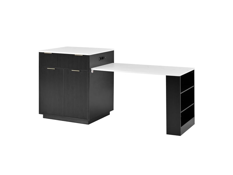  Îlot de cuisine noir extensible 127,5-205 cm avec led, prises usbtype-c et rangements  - Conforama A