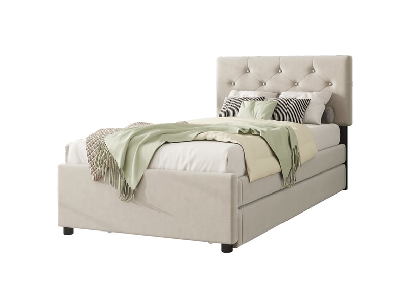  Lit rembourré 90x200 cm avce lit gigogne, lit enfant avec sommier a lattes, lit 1 personne avec tiroir coulissant, beige, velours  - Conforama R