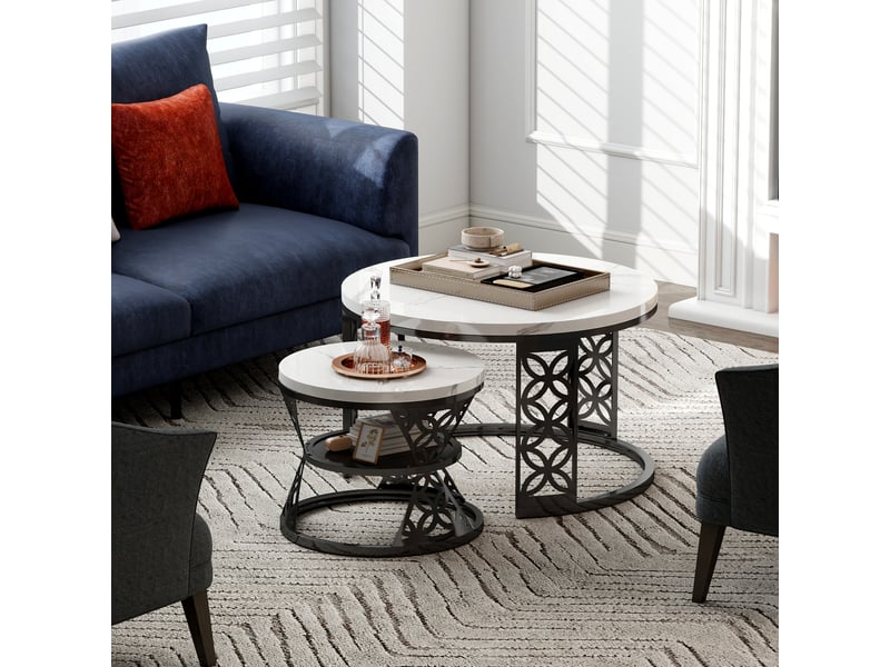  Tables gigognes rondes 70 et 45 cm, plateau blanc et pieds noir mat, style scandinave épuré  - Conforama E