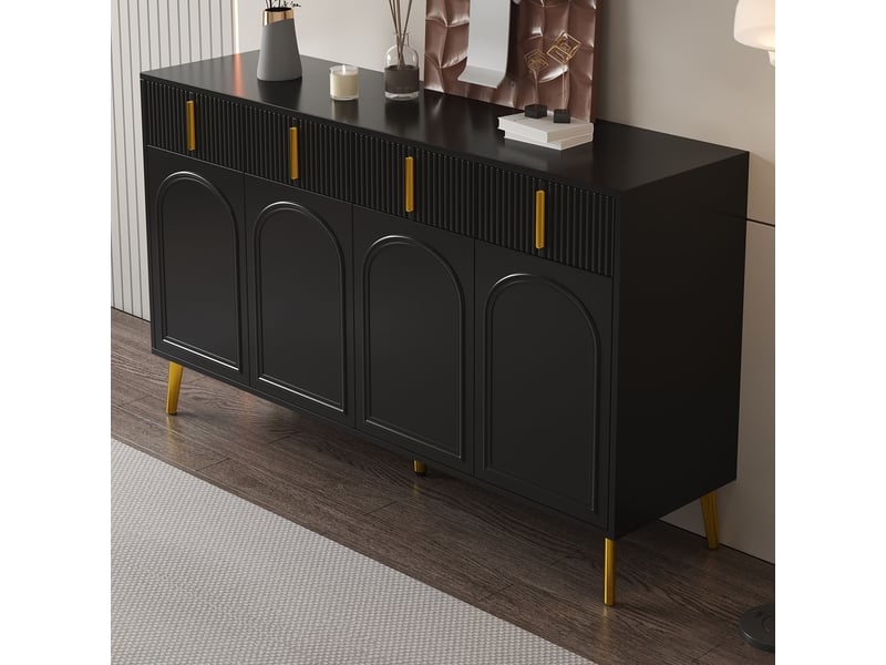  Buffet bas meuble de rangement 140x38x82 cm - 4 portes et 4 tiroirs - étagères amovibles - poignées et pieds dorés - mdf - noir  - Conforama D