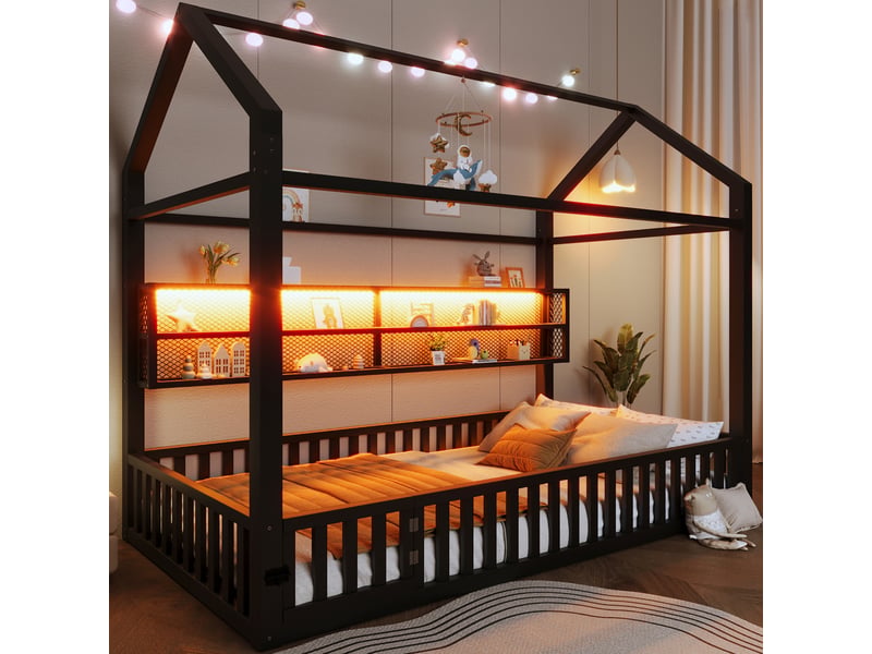 Lit simple plateforme maison 90 x 200 cm, barrière, led, noir - Conforama A