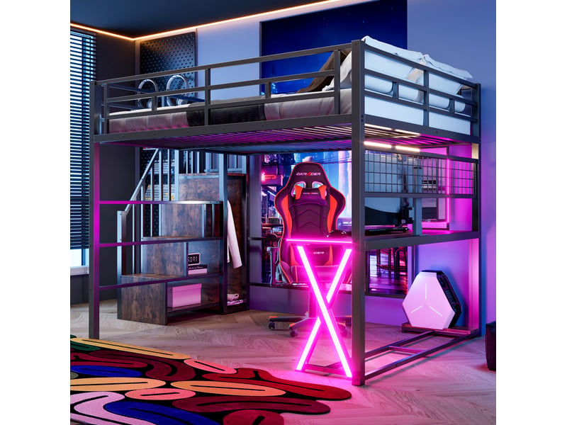  Lit mezzanine modenvie 160 x 200 cm avec bureau, armoire, étagères et échelle de rangement, éclairage led, métal et mdf, noir, sans matelas  - Conforama B