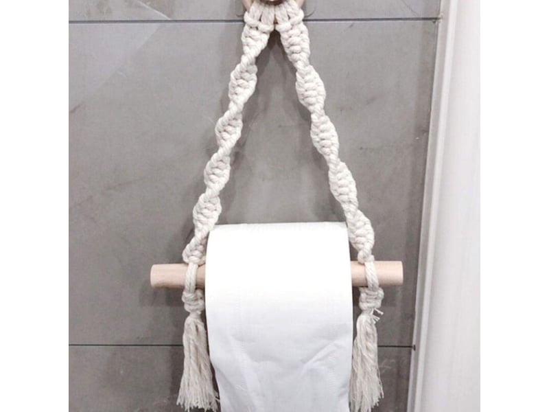 Porte-papier toilette en macramé tissé – pour salle de bain, suspension sans crochet. Design bohème et pratique. - Conforama C