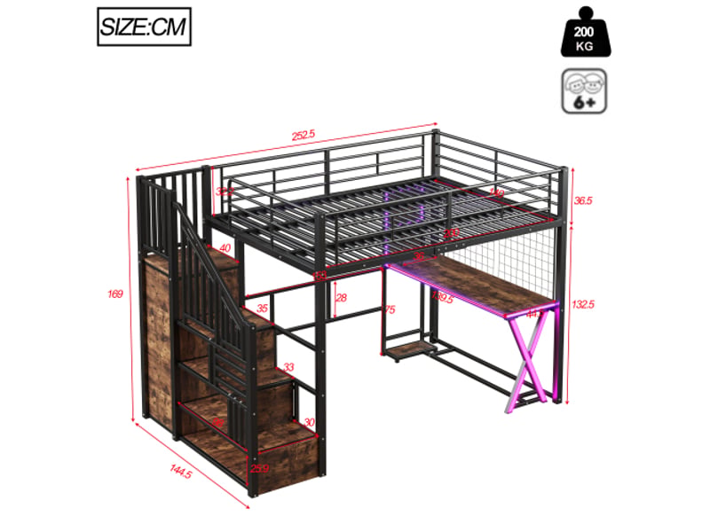  Lit mezzanine noir 140x200 avec bureau intégré, armoire, étagères, échelle de rangement et led – sans matelas  - Conforama C