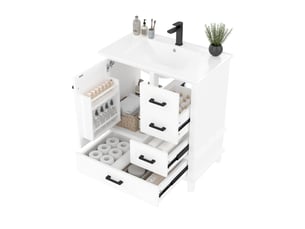 Meuble sous vasque avec 1 porte, 3 tiroirs et lavabo en céramique pour salle de bain, en mdf, blanc, 76×46×83,5 cm