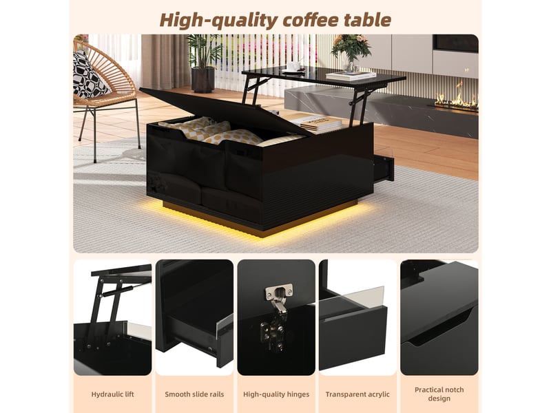 Table basse carrée 70x70x38 cm avec led, relevable, tiroir et rangement dissimulé, aggloméré, noir - Conforama E