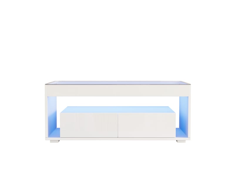  Table basse moderne 100 x 50 x 40 cm avec éclairage led, table d'appoint rectangulaire avec 2 grands tiroirs, table de salon spacieuse en verre, design à double plateau, finition laquée brillante, grande table de salon, blanche  - Conforama D