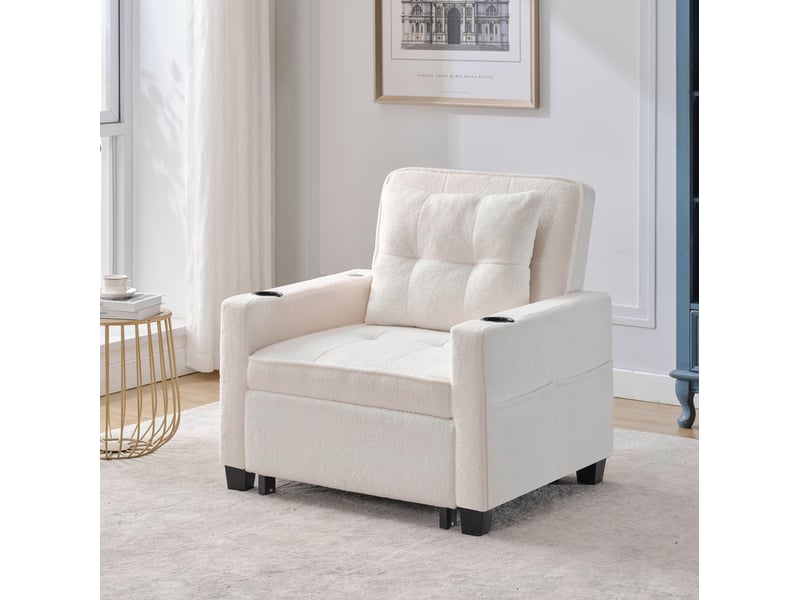  Fauteuil convertible 3-en-1 1 place en tissu bouclette blanc, usb et porte-gobelets, idéal petits espaces  - Conforama E