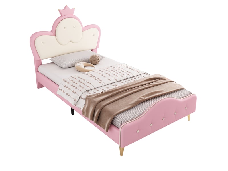  Lit enfant 90x200 cm rembourré avec led, tête de lit couronne, rose et blanc  - Conforama A