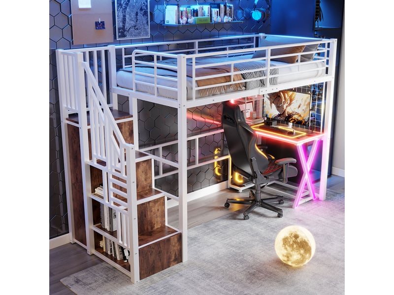  Lit mezzanine 90 x 200 cm avec bureau, armoire, led et escalier avec rangement, lit simple en métal blanc avec étagères et garde-corps  - Conforama C
