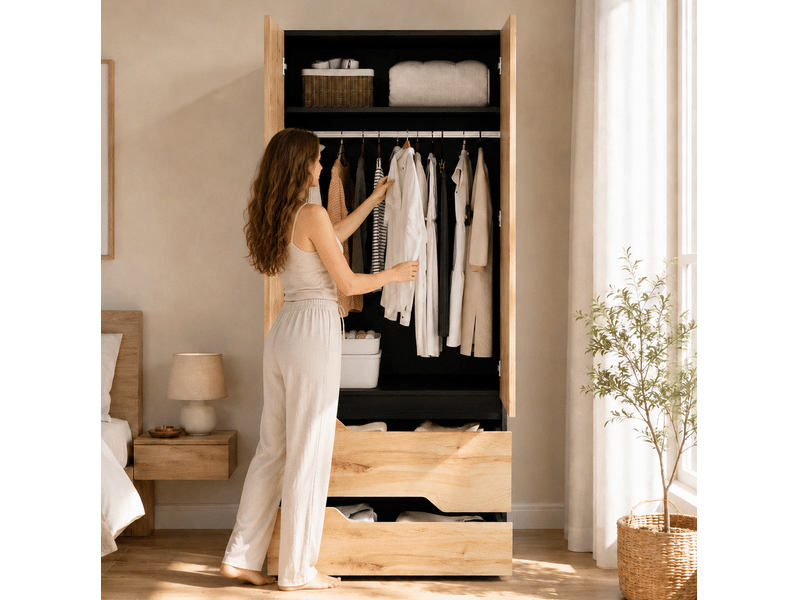  Armoire 90x50x200 cm 2 portes avec tringle, 2 tiroirs noir et bois  - Conforama E