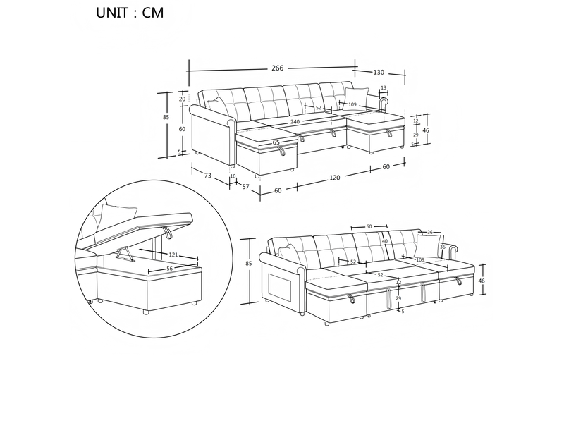  Canapé d’angle convertible 4 places avec rangement 266x130x85 cm beige  - Conforama C