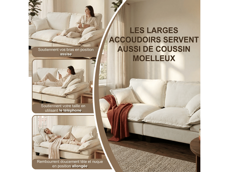  Canapé d'angle modulable beige avec pouf, ports usb et rangement - tissu chenille 224x151x90 cm  - Conforama E