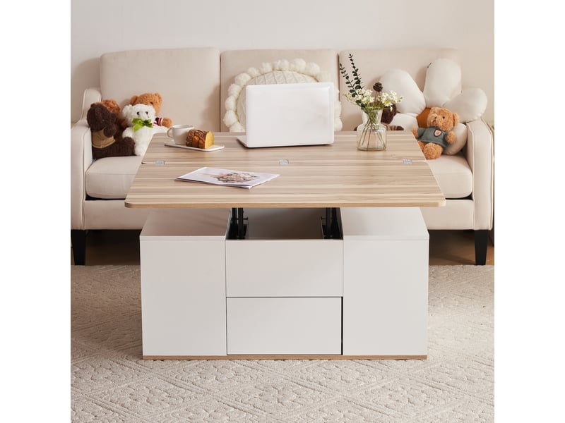 Table basse relevable multifonction avec tiroirs et rangement, plateau extensible, 100x51 cm, bicolore blanc et bois  - Conforama E
