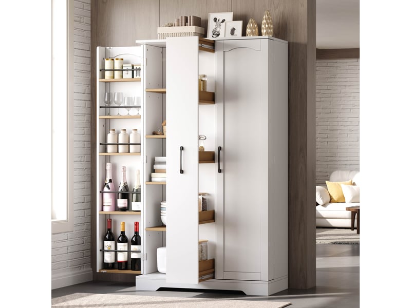  Armoire de cuisine avec étagère à épices mdf blanc 150x78x40 cm, meuble de rangement double porte  - Conforama D