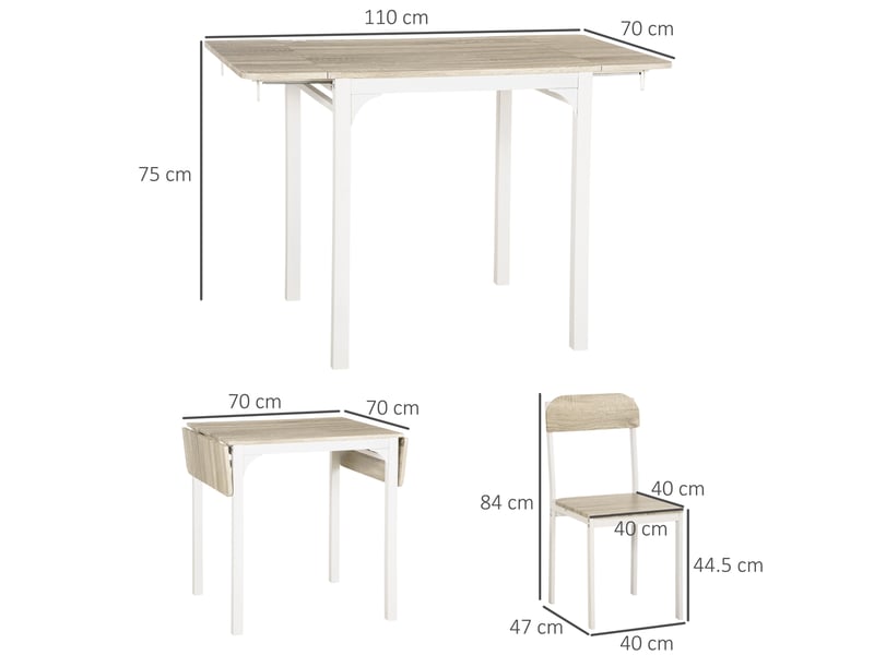  Ensemble repas 3 pièces, table pliante 110 x 70 cm et 2 chaises en mdf naturel blanc  - Conforama C