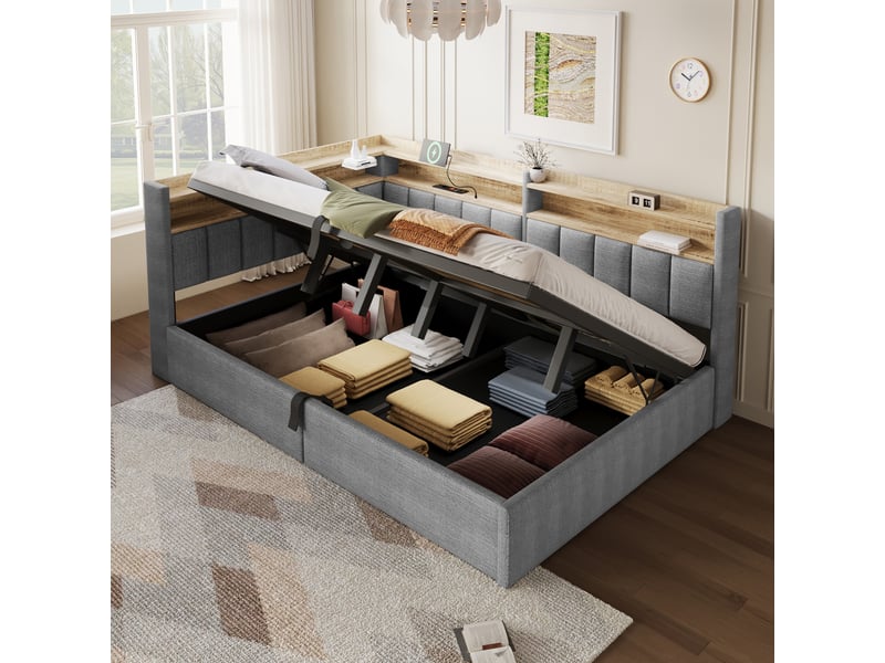  Lit coffre hydraulique 140x200 cm avec led, usb-a et usb-c et tête réversible, velours gris, sans matelas  - Conforama B