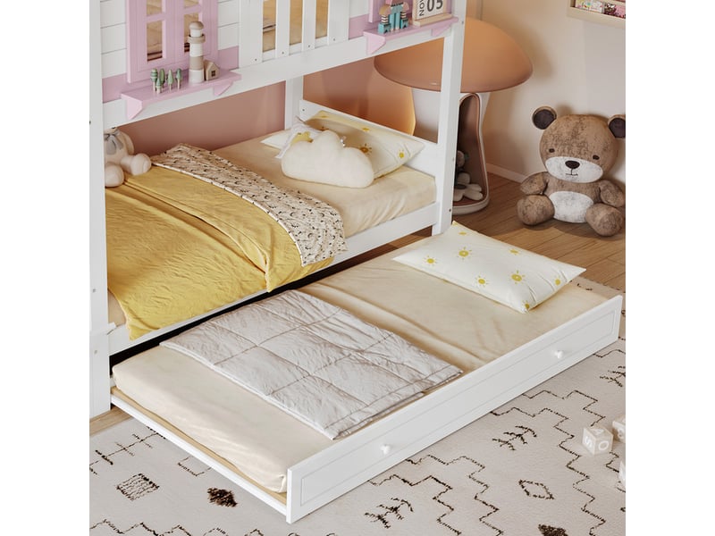 Lit superposé enfant 90x200 cm - avec lit gigogne - avec escalier de rangement et armoire - bois massif + mdf - blanc (sans matelas) - Conforama W