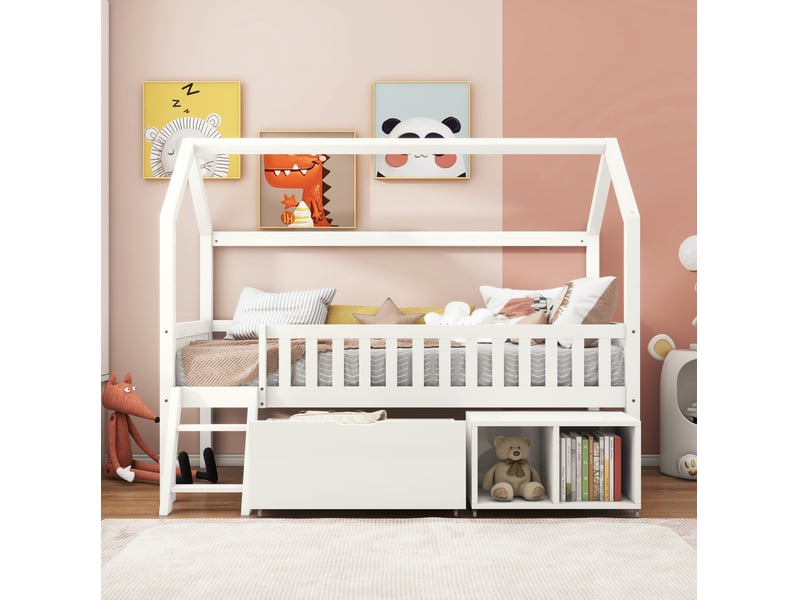  Lit enfant cabane 90 x 200 cm blanc en pin avec rangements  - Conforama B
