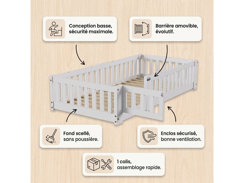  Lit simple 120x200 cm, lit au sol montessori avec barrières et porte amovible, lit enfant, sommier inclus, bois, blanc  - Conforama C