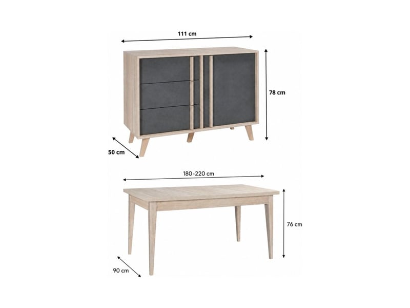  Salle à manger complète malmo avec table extensible 6 places et buffet haut – chêne clair et gris  - Conforama C