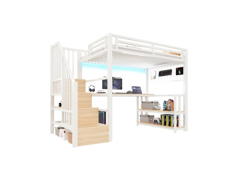 Lit mezzanine enfant 90 x 200 cm blanc avec bureau, rangements, led et prises usb - Conforama A