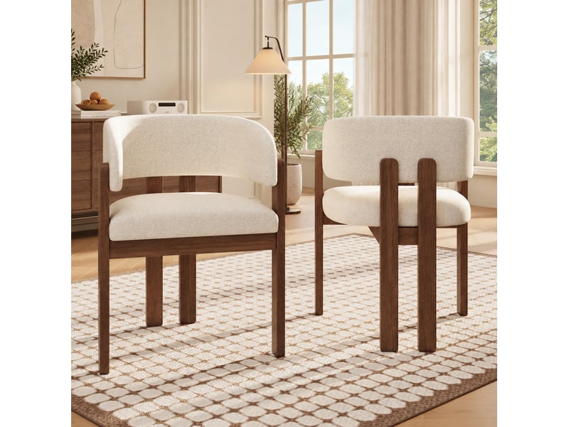  Lot de 4 chaises de salle à manger 60 x 51 x 80 cm, bois noyer et bouclé beige, avec accoudoirs  - Conforama B