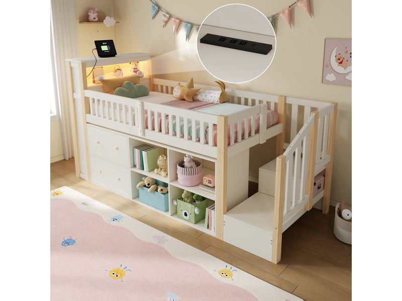 Lit mezzanine simple 90×200 cm avec rangements, usb, usb-c et led - okmyhome- naturel, sans matelas - Conforama B